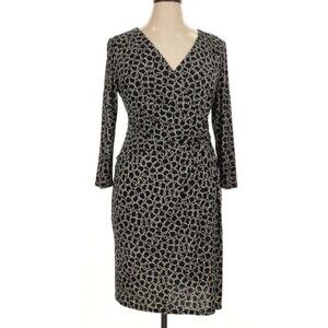 CHAPS Black White Geo Print Surplice Faux Wrap Stretch Dress 3/4 Sleeve Sz 16 W